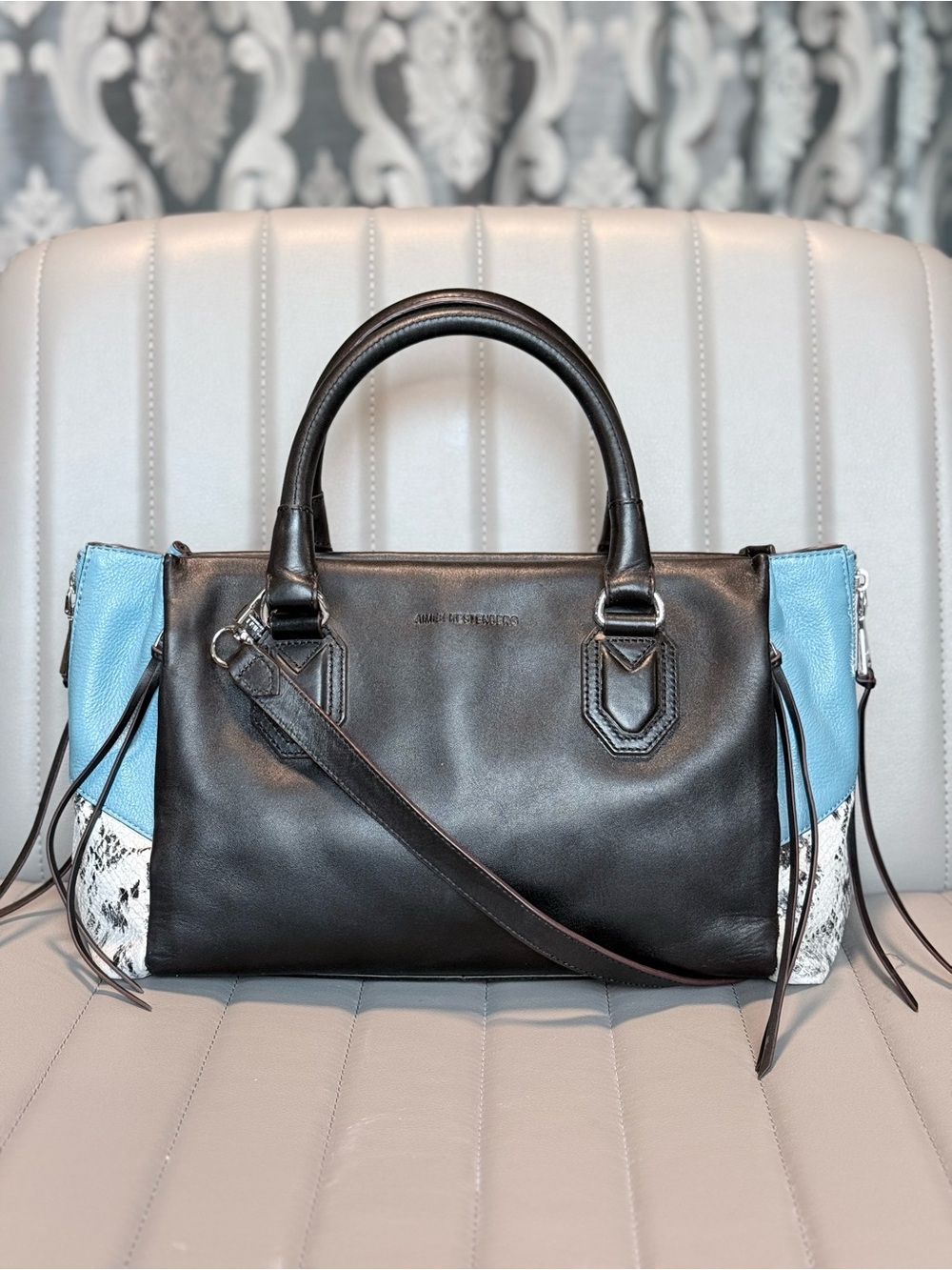 Aimee Kestenberg Xander Leather Satchel with Blue and White Snake-Print Accents